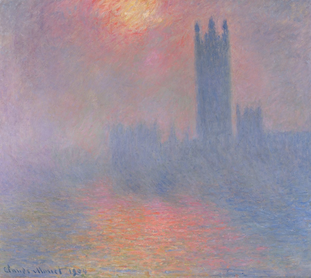As Casas do Parlamento, Londres, com o sol atravessando o nevoeiro, 1904 de Claude Monet