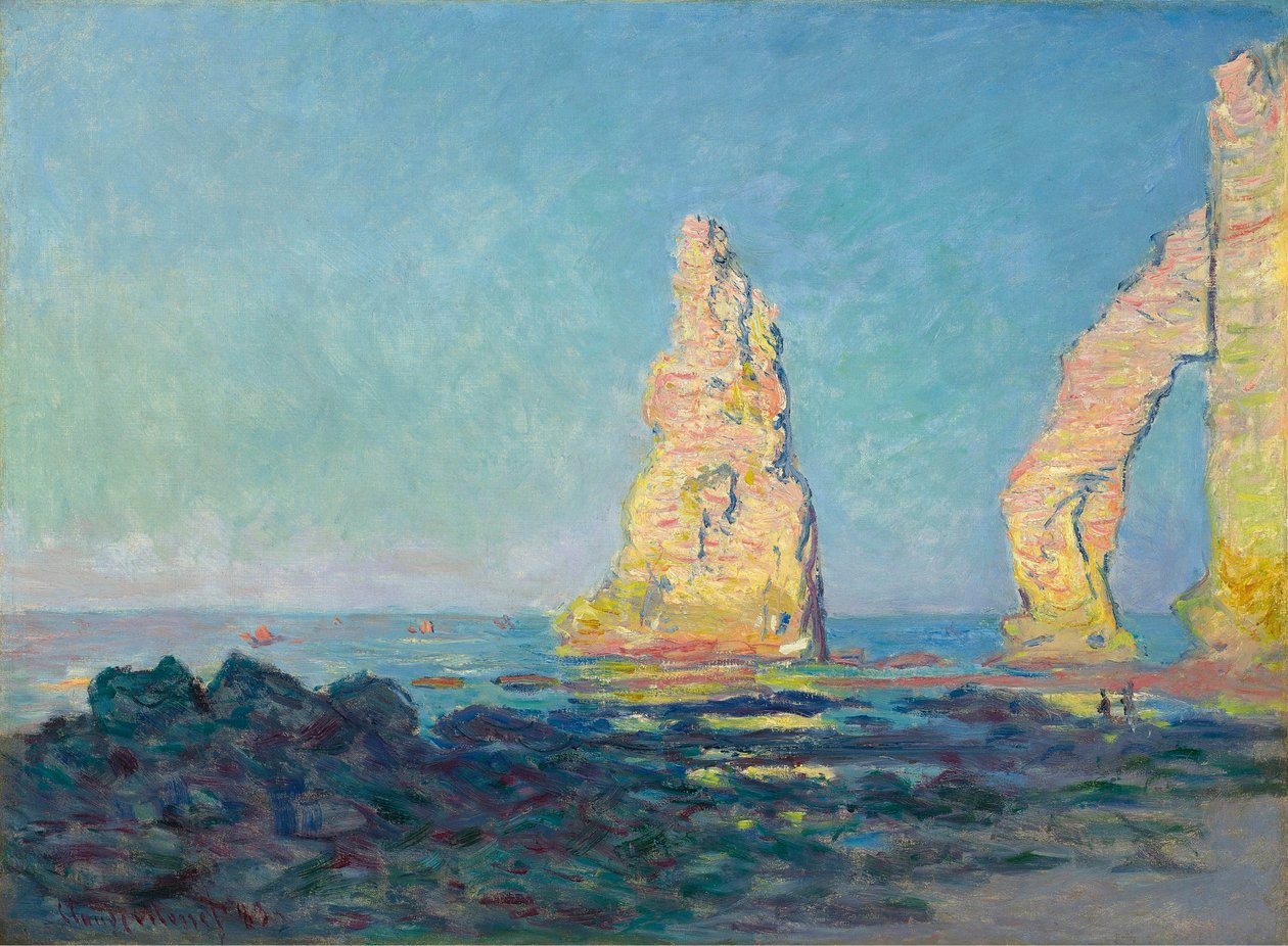 A rocha da agulha em Étretat, maré baixa, 1883. de Claude Monet