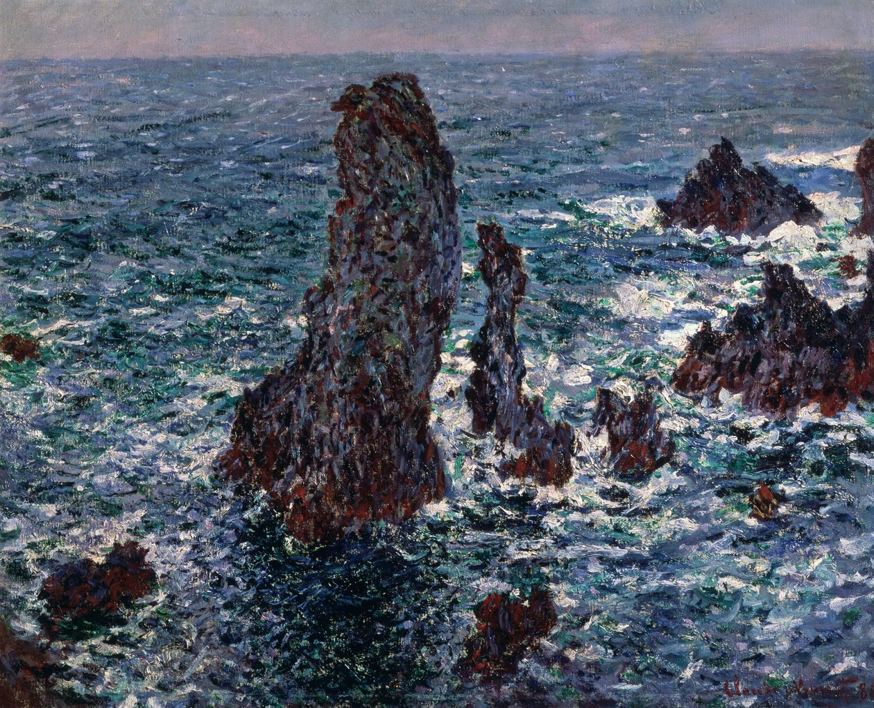 As rochas nas pirâmides de Belle-Ile de Port-Coton, mar selvagem, 1886. de Claude Monet