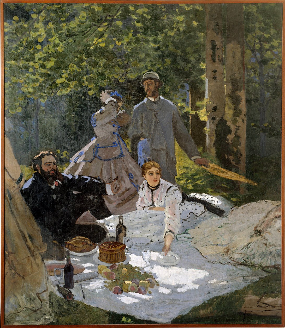 O pequeno-almoço na relva (retrato de Frederic Bazille (1841-1870) no centro, Camille Doncieux (1847-1879) e Gustave Courbet (1819-1877) a Gauche) de Claude Monet