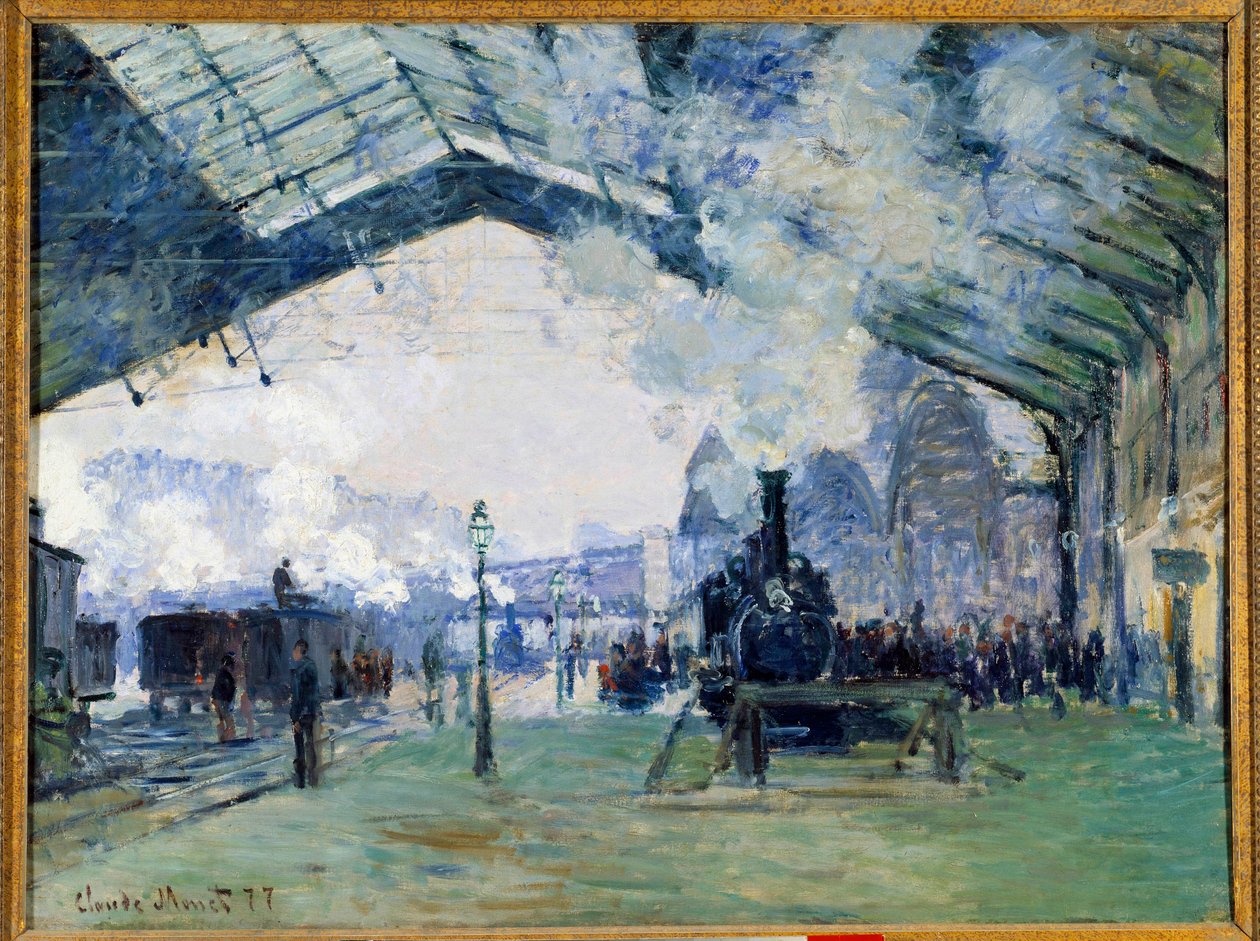 Vista da estação de comboios de Saint Lazare em Paris e do comboio da Normandia de Claude Monet