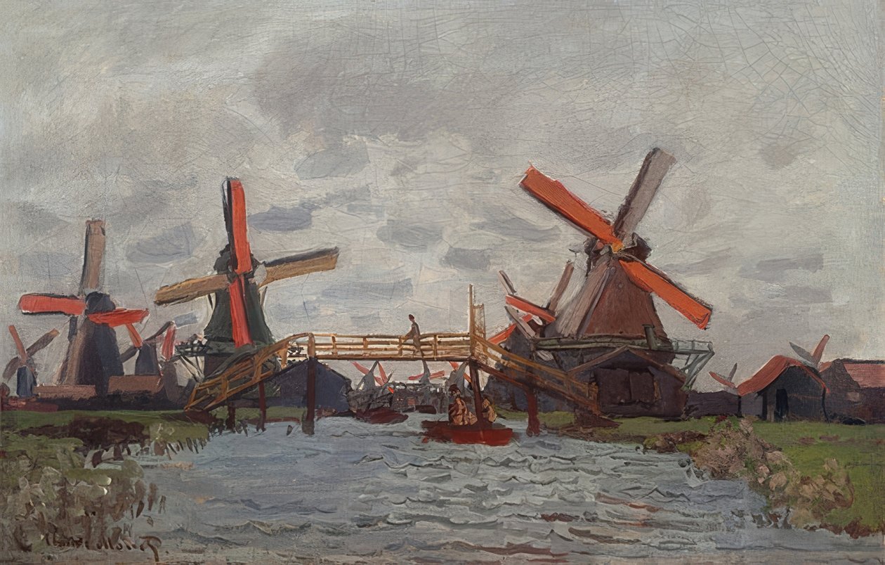 Moinhos de vento em Westzijderveld perto de Zaandam. 1871 de Claude Monet