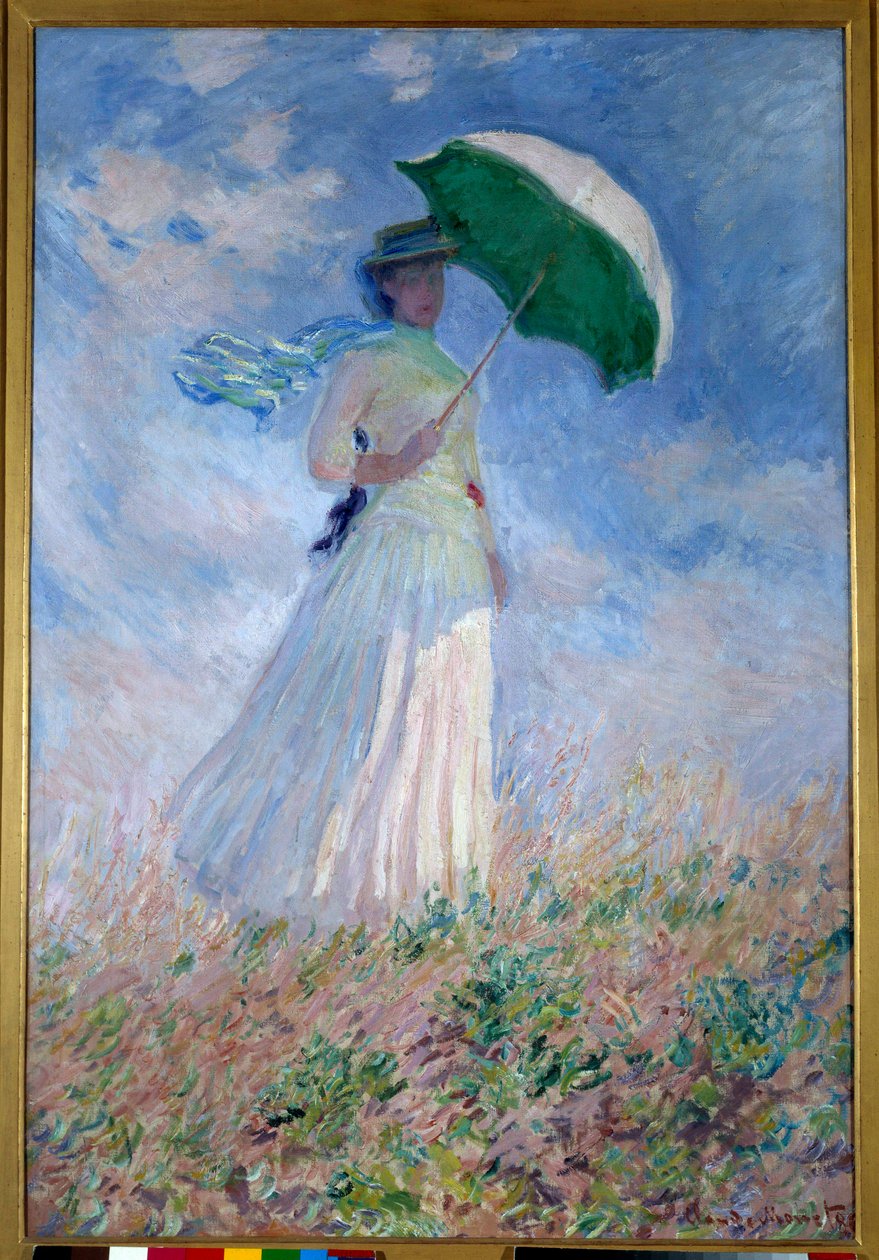 Mulher com um guarda-sol virado para a direita de Claude Monet