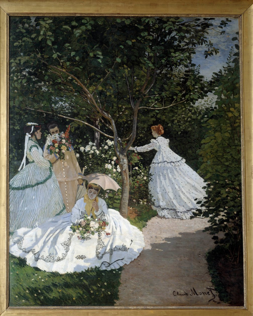 Mulheres no Jardim uma Cidade de Avray Grupo de jovens mulheres em um jardim de flores. Pintura de Claude Monet (1840-1926). 1867. Dim. 2,55 x 2,05 m. Paris, Musee d