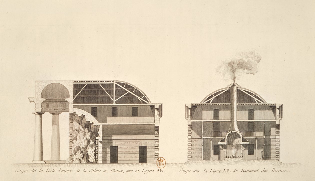Seção transversal da entrada para salinas na cidade ideal de Chaux, c.1801 de Claude Nicolas Ledoux