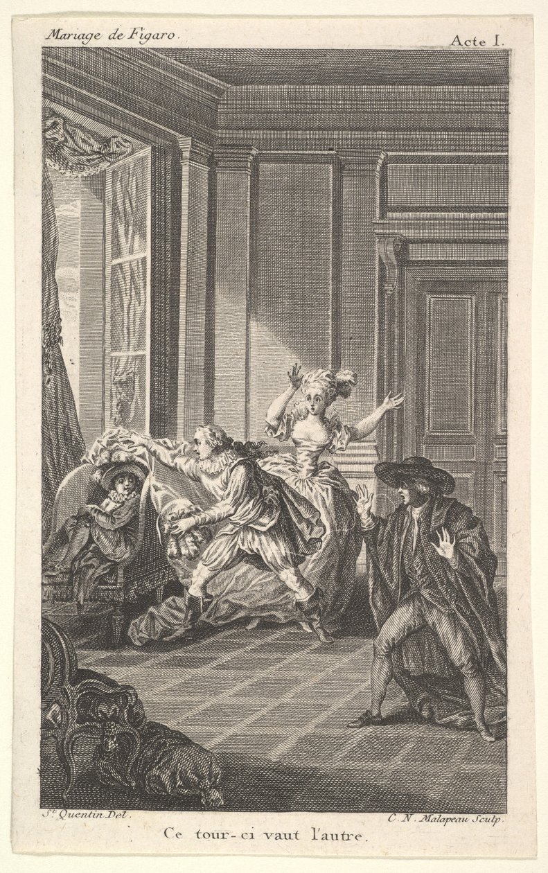 Um homem enrolado em uma cadeira olha para outro homem que se aproxima dele a partir da esquerda, i ..., ca. 1784 de Claude Nicolas Malapeau