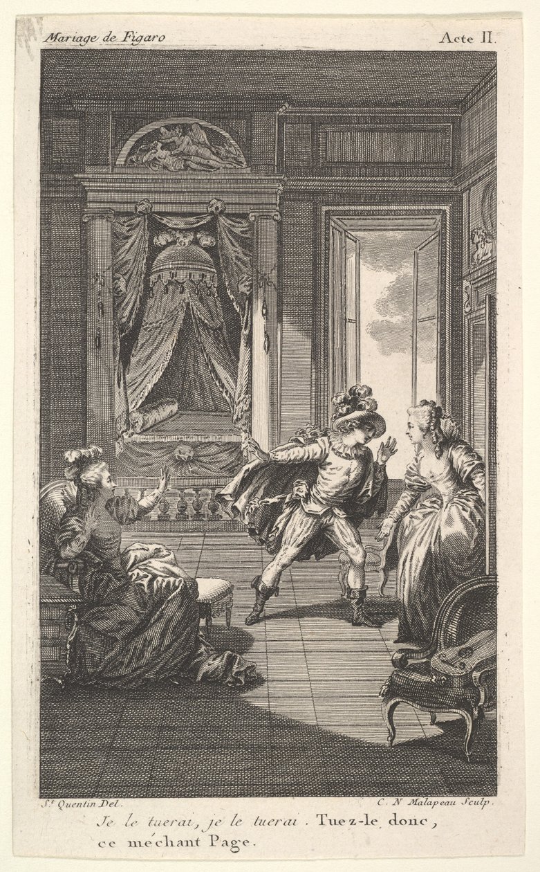 Um homem se inclina para uma mulher parada em uma porta à direita, à esquerda uma mulher sentada levanta ..., ca. 1784 de Claude Nicolas Malapeau