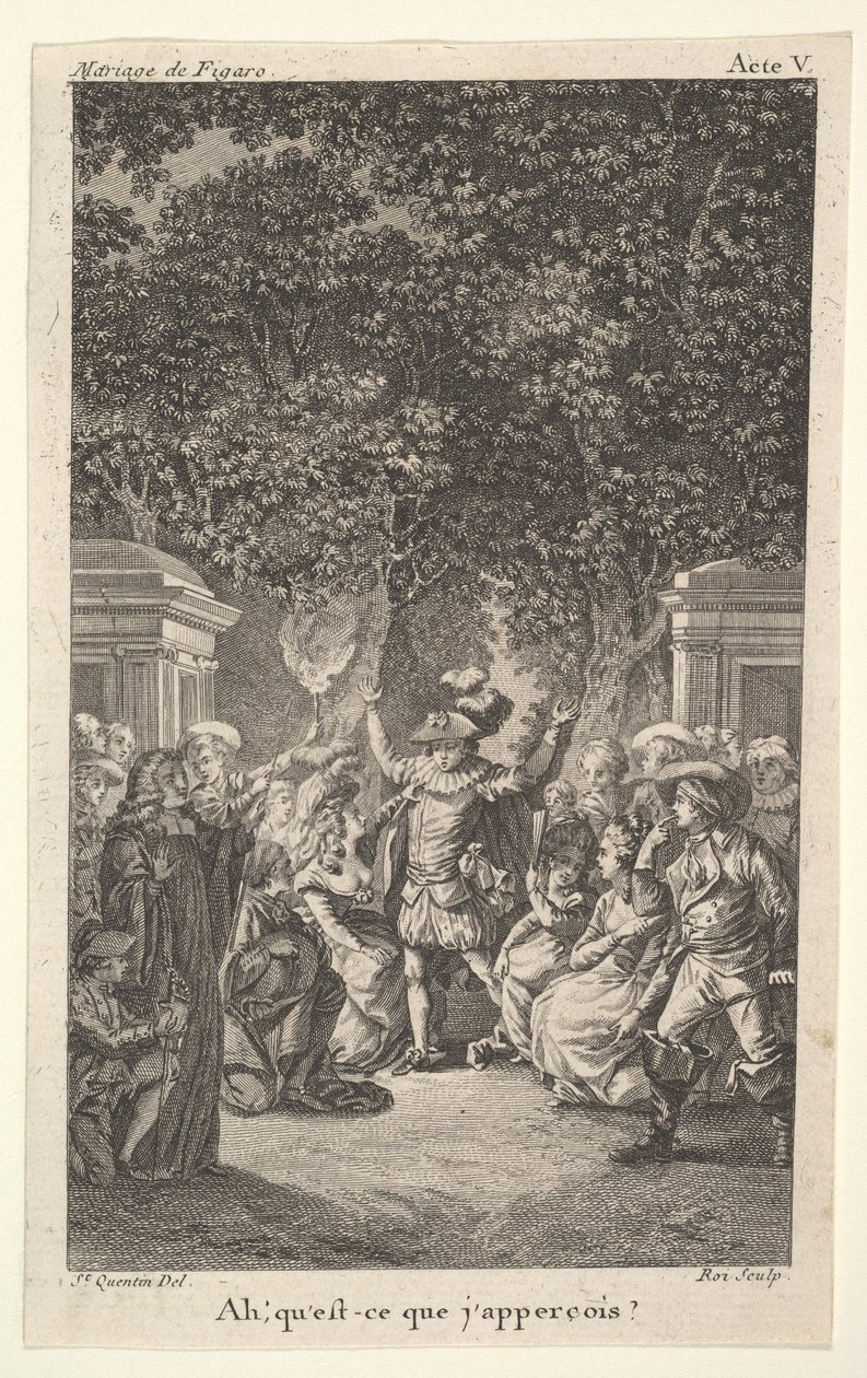 Um jovem rapaz segura uma tocha sob as árvores em um jardim, no centro um homem levanta os dois braços, s ..., ca. 1784 de Claude Nicolas Malapeau
