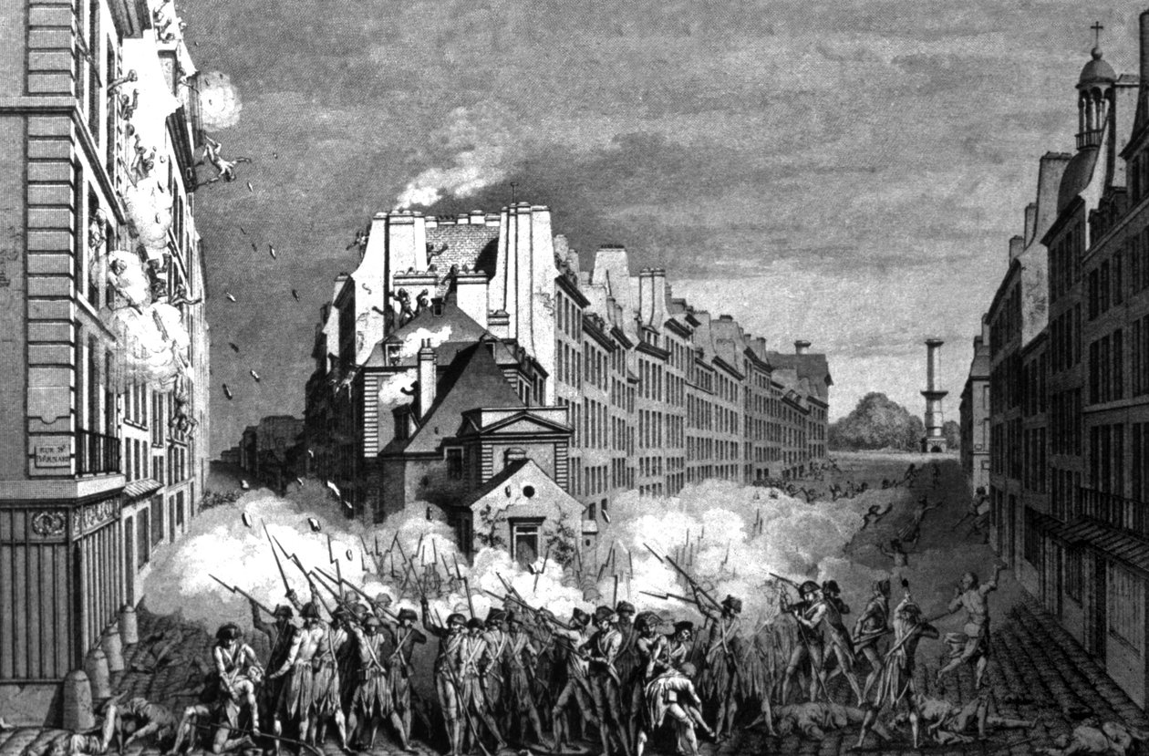 Motim de Reveillon no Faubourg Saint Antoine, c.1790 (gravura) de Claude Niquet