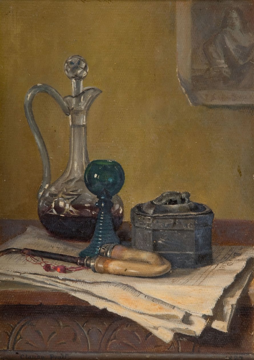 Ainda vida de jornal, cachimbo, decantador e jarra, 1887. de Claude Pratt