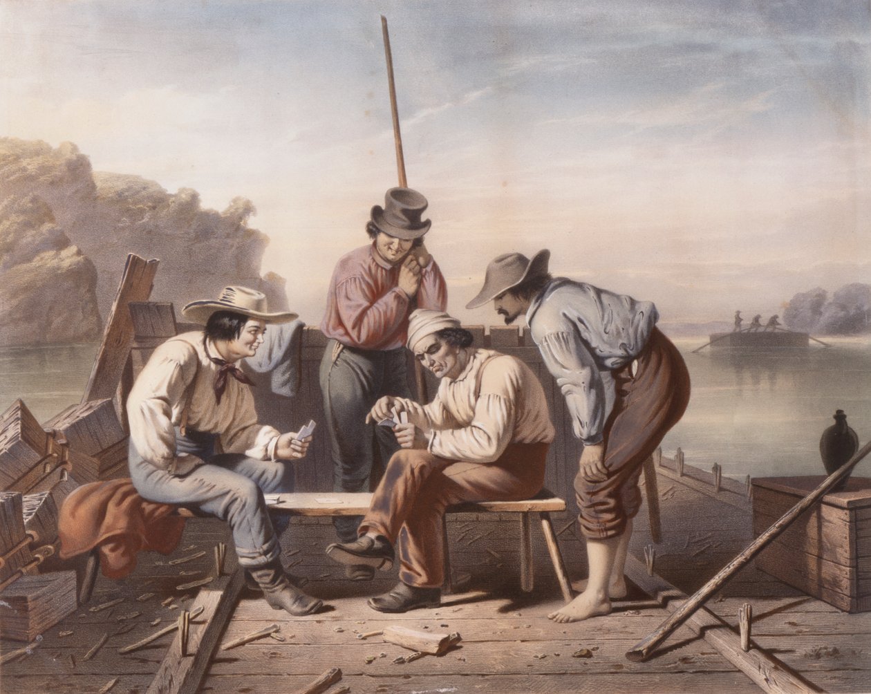 Em um dilema, barqueiros do Mississippi jogando cartas de Claude Régnier