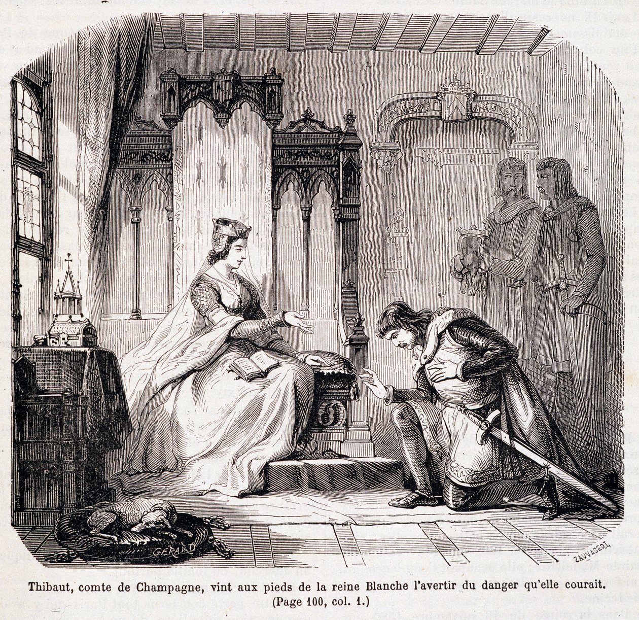 Thibaut, Conde de Champagne, chegou aos pés da Rainha Blanche de Castela para avisá-la do perigo que corria - em "Paris através do século" de Genouillac de Claude Sauvageot