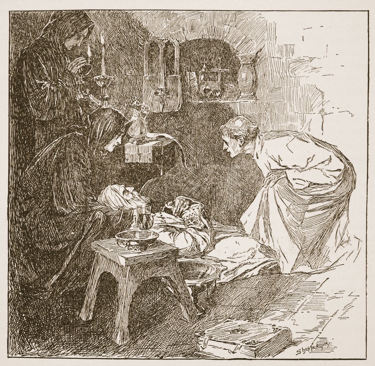 Morte de Bede, ilustração de "A Igreja da Inglaterra: Uma História para o Povo" por HDM Spence-Jones, pub. c.1910 (foto sépia) de Claude Shepperson