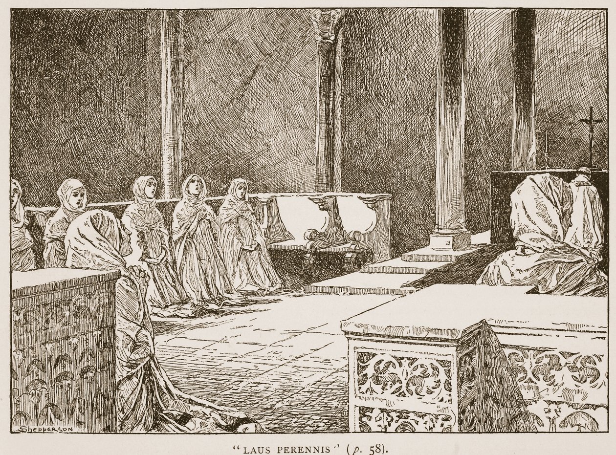 Laus Perennis, ilustração de "A Igreja da Inglaterra: uma história para o povo" por HDM Spence-Jones, pub. c.1910 (foto sépia) de Claude Shepperson