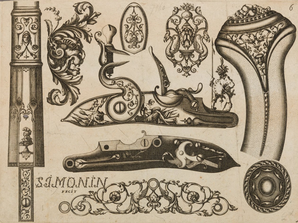 Gravura de Ornamento de Armas de Fogo, 1693 ou 1695. de Claude Simonin