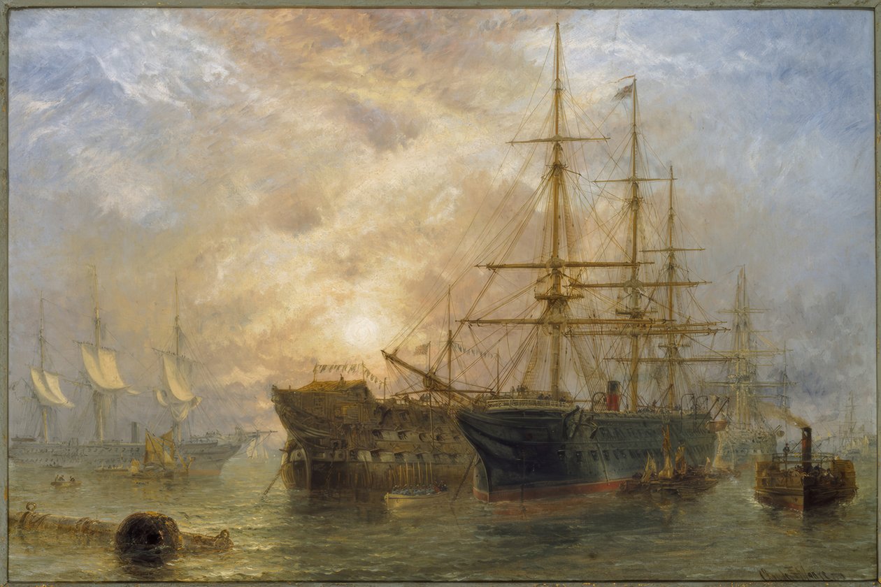 Tropas-navios de Sua Majestade recebendo lojas em Portsmouth Ha de Claude T. Stanfield Moore