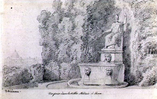 Vista de uma fonte no Jardim da Villa Medici, Roma, c.1815-20 (lápis sobre papel) de Claude Thienon