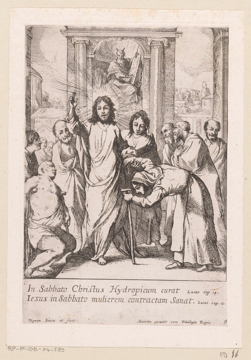 Curar o homem coxo e a mulher torta no sábado
Miracula Domini Nostri Jesu Christi (título da série)
Milagres de Cristo (título da série) de Claude Vignon