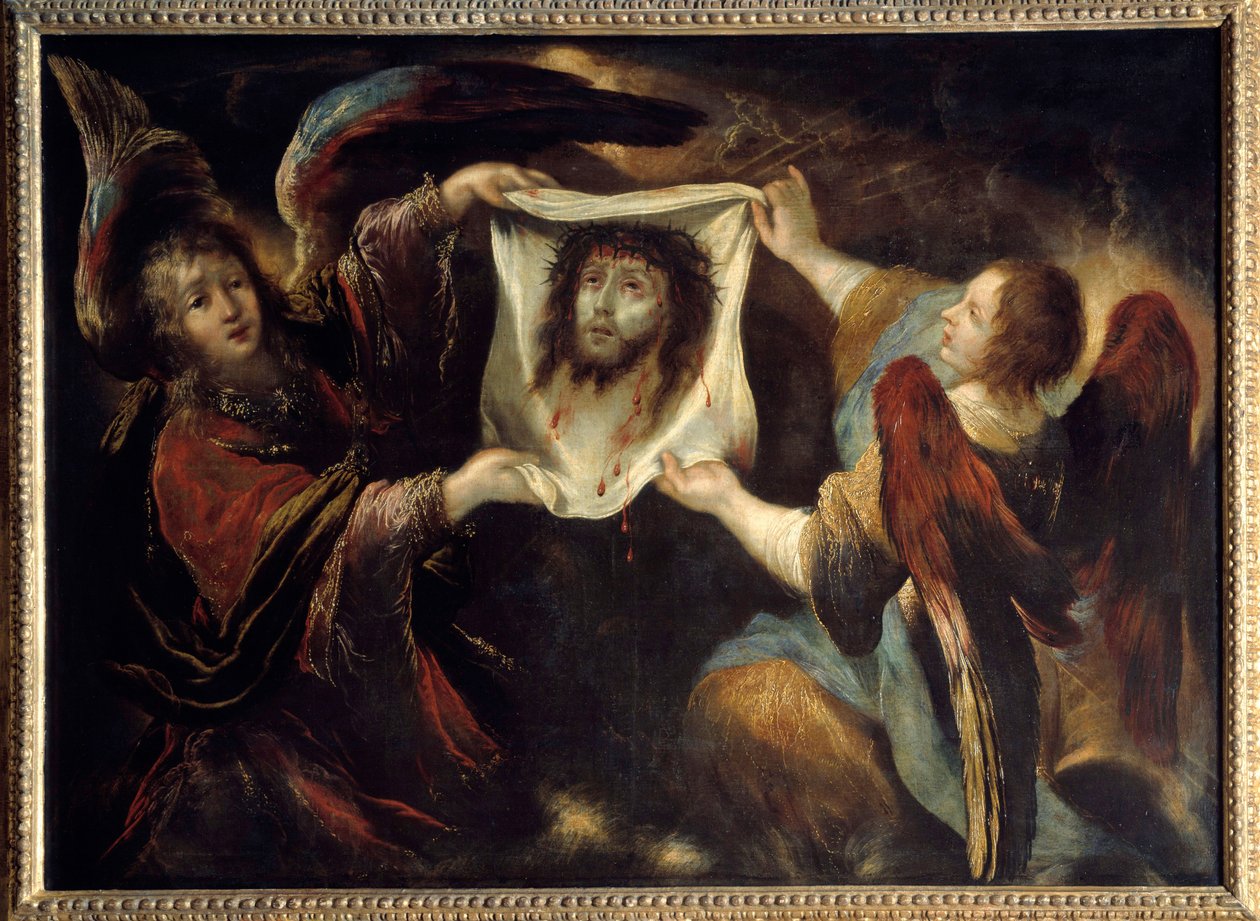 Dois anjos apresentando o rosto santo Cabeça de Cristo do rosto, coroada de espinhos e auréola, sobre o linho de Santa Verônica que limpou o rosto de Jesus (Santo Sudário). Pintura de Claude Vignon (1593-1670) 1640 Sol. 1,24x1,7 m Rouen, musee des Beaux de Claude Vignon