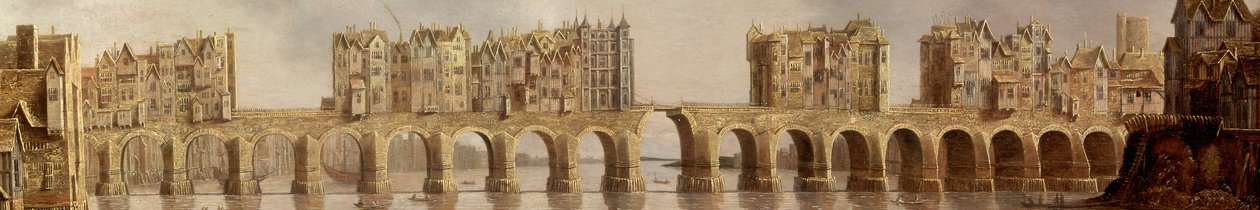 Detalhe da Ponte Velha de Londres em 1632, pintura a óleo Vista da Ponte de Londres de Claude de Jongh