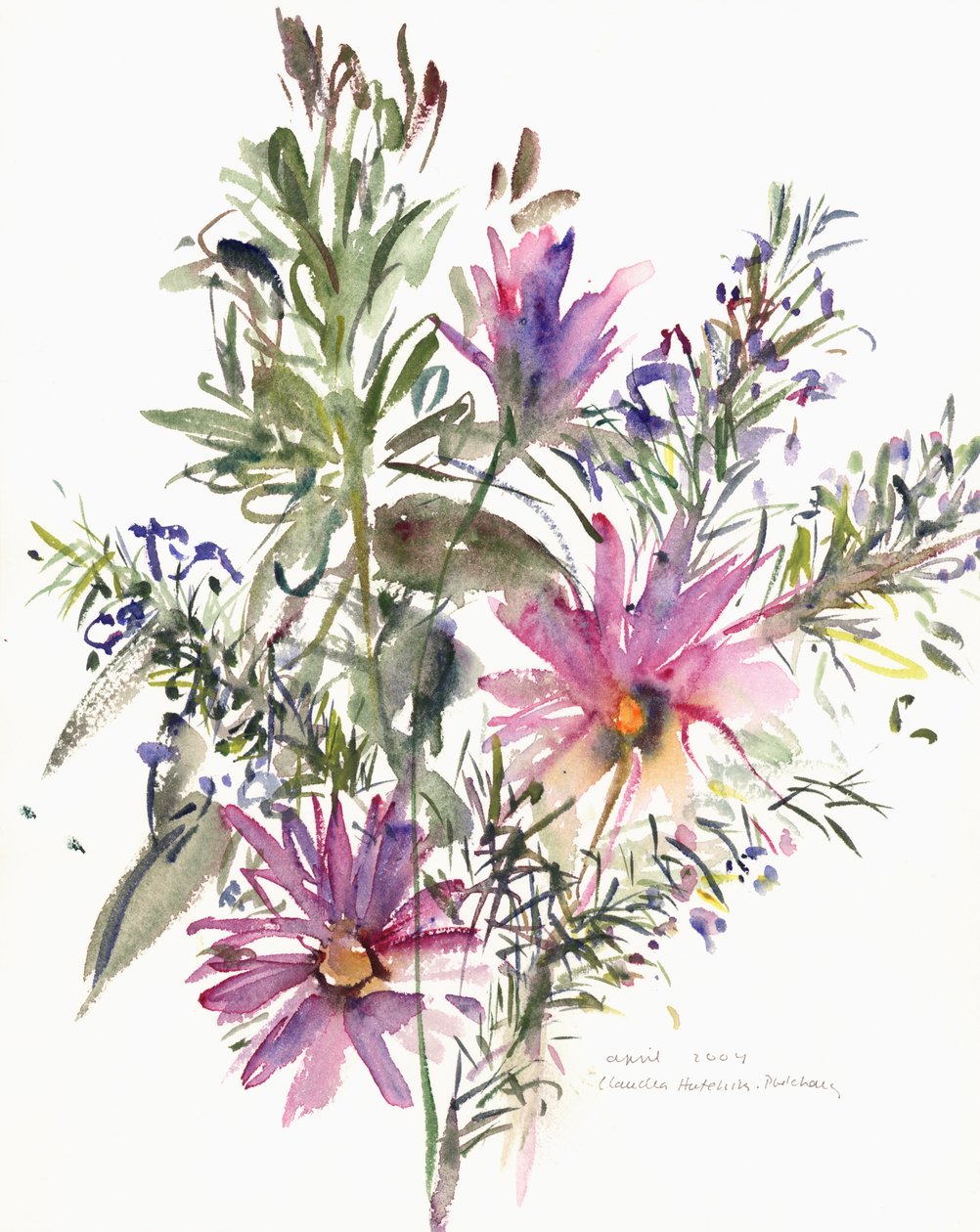 Floral, margaridas sul-africanas e lavanda, 2004 (aguarela) de Claudia Hutchins Puechavy