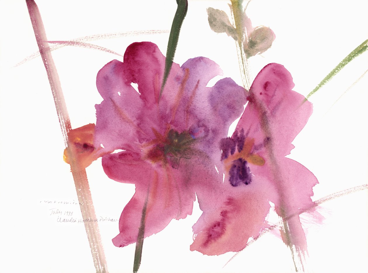 Hollyhocks, 1988 (aquarela) de Claudia Hutchins Puechavy