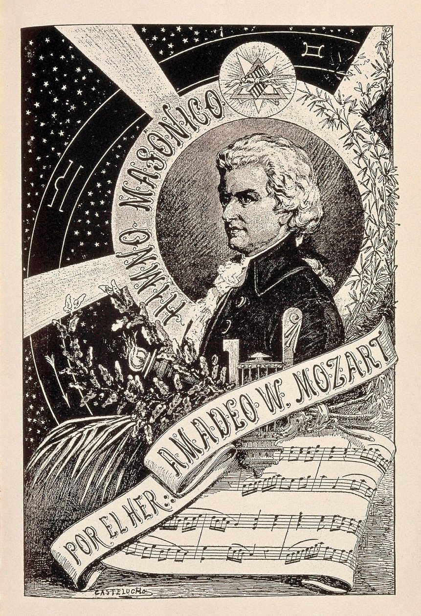 Representação do compositor austríaco Wolfgang Amadeus Mozart (1756-1791), membro da Maçonaria associada ao Dicionário Enciclopédico da Maçonaria, final do século XIX - início do século XX (gravura) de Claudio Castelucho