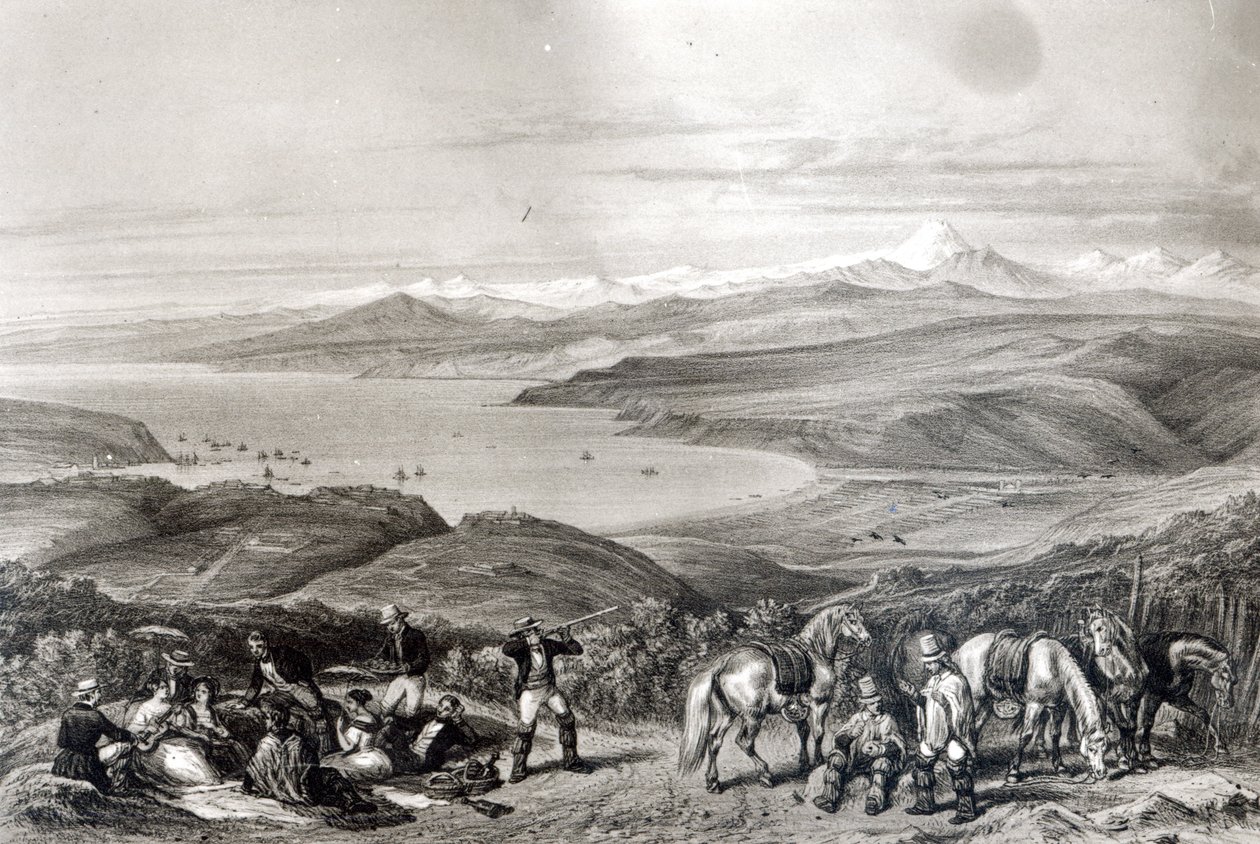 Vista distante do vulcão Aconcágua, da &39;Historia de Chile&39; gravada por F. Lehnert de Claudio Gay