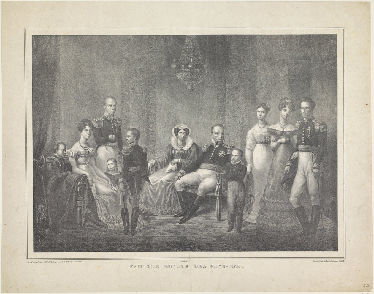 Retrato de família de William I Frederik, rei dos Países Baixos, Wilhelmina da Prússia, seus filhos com esposas, sua filha e quatro netos de Claudio Linati