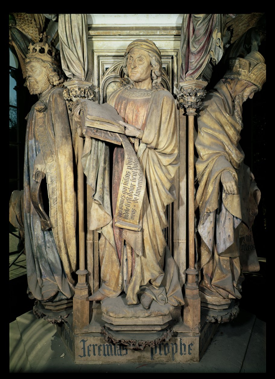 Jeremias (centro), Davi (esquerda) e Zacarias (direita), figuras do pedestal hexagonal do Poço de Moisés, 1395-1404 de Claus and Malouel, Jean Sluter