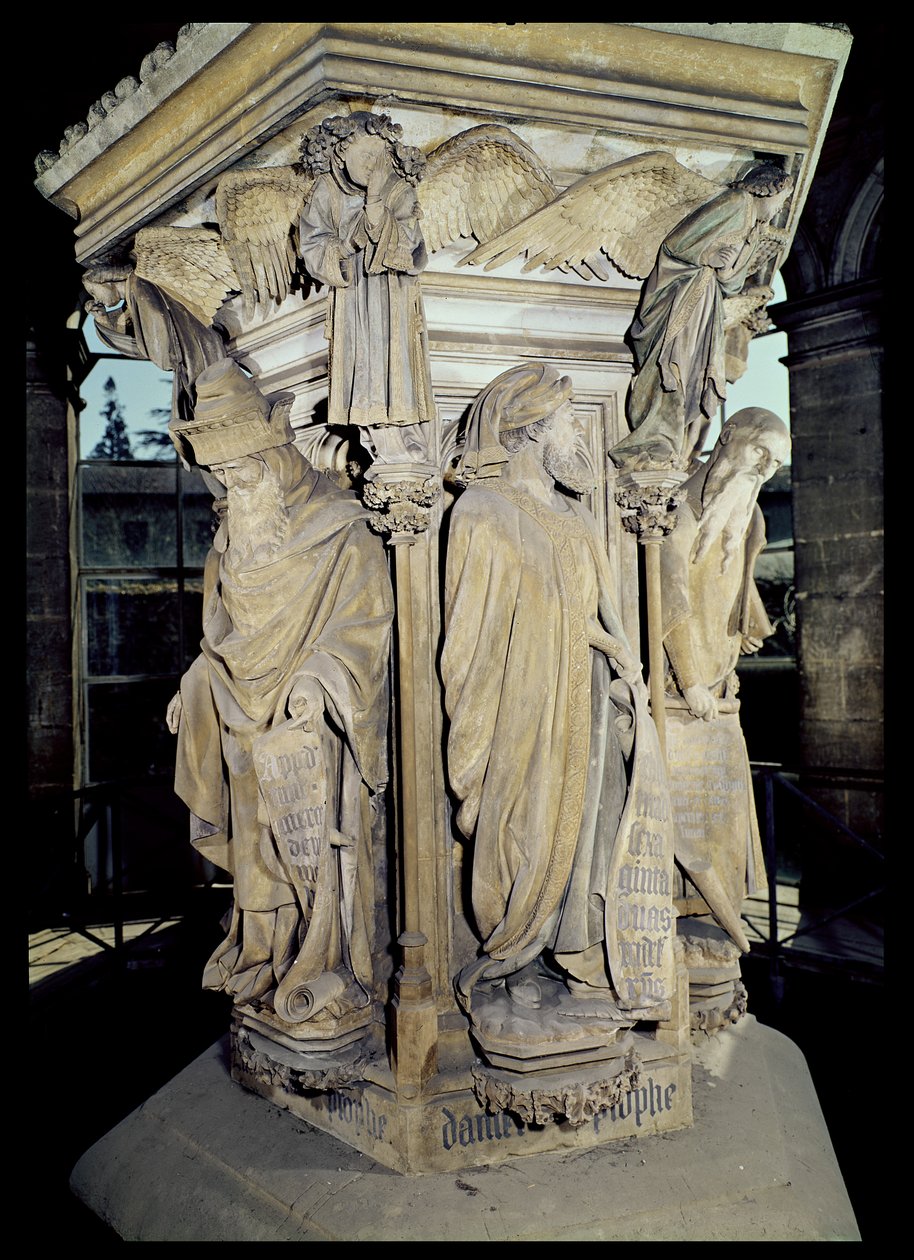 Bem de Moisés, detalhe mostrando o pedestal hexagonal com as figuras de Daniel (centro) e Zacarias (esquerda) 1395-1404 de Claus and Malouel, Jean Sluter