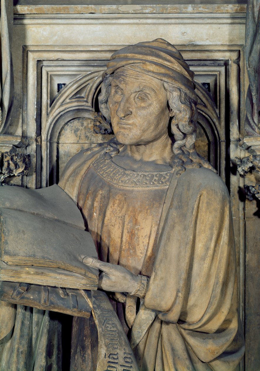 Jeremias, detalhe de uma das figuras do profeta do pedestal hexagonal do Poço de Moisés, pedra 1395-1404 de Claus and Malouel, Jean Sluter