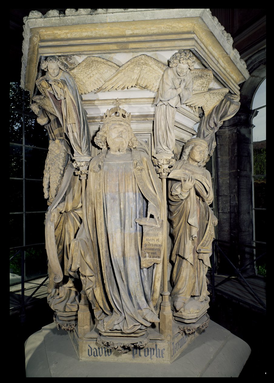 Rei Davi ladeado por Moisés e Jeremias, detalhe do pedestal hexagonal do Poço de Moisés, 1395-1404 pedra para detalhes ver 86117-19 de Claus and Malouel, Jean Sluter