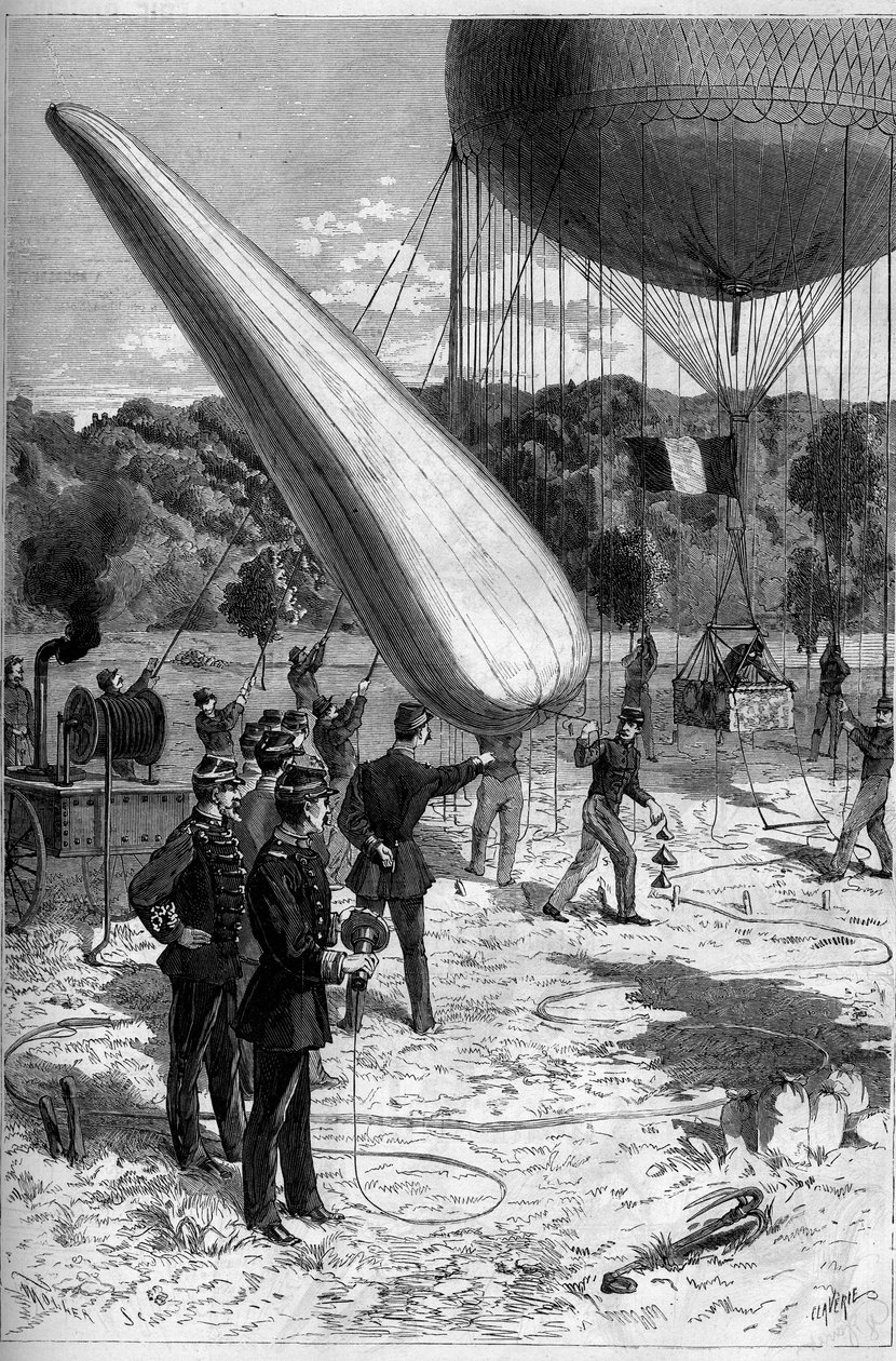 Aerostatos militares: experiências telefônicas no estabelecimento do Meudon. Gravura de Claverie em "Le Monde Illustré" n°1331 de 30 de setembro de Claverie