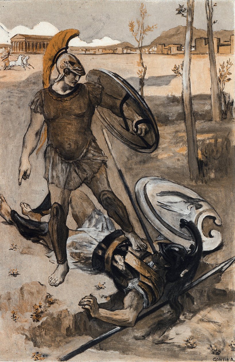 A morte de Hector: Hector é morto por Aquiles. Ilustração de Clement Gontier (1876-1918) para "A Ilíada" de Homere (Omero). Paris, Henri Laurens de Clement Gontier