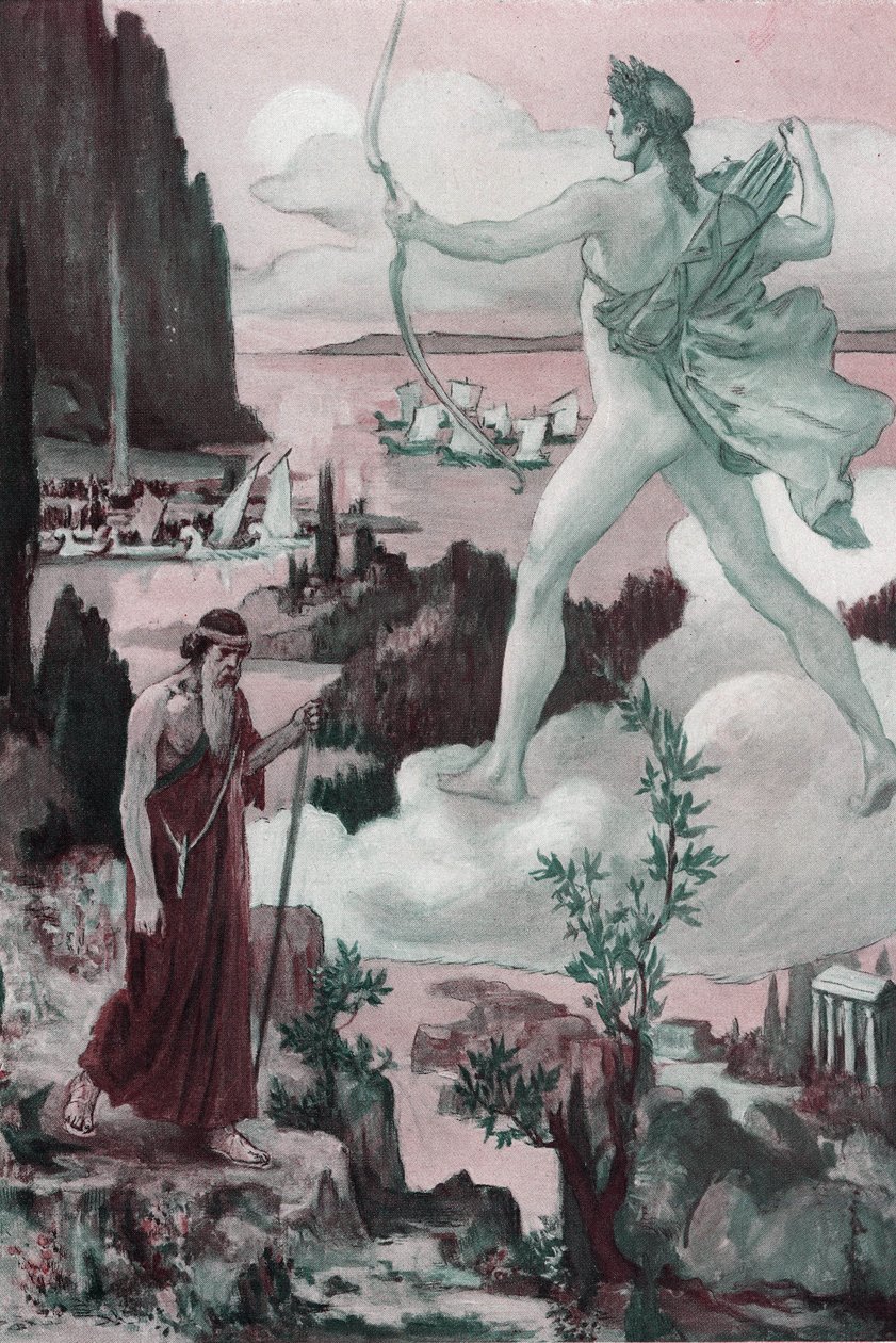 Invocação. A raiva de Apollo: O Padre Chryses invoca Apolo, dizendo: "Que os gregos sejam expulsos, pelas vossas setas, das lágrimas que me fazem derramar! . Ilustração de Clement Gontier (1876-1918) para "A Ilíada" de Homere (Omero). Paris, Henri Laurens de Clement Gontier