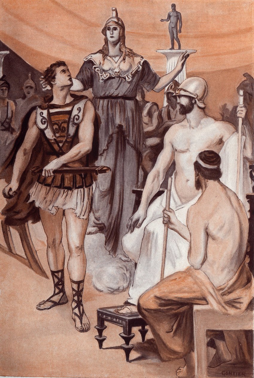 A Querelle de Aquiles e Agamenon: Minerva, descendo do céu, aproximou-se por trás de Aquiles e o agarrou pelos cabelos para impedi-lo de desembainhar sua espada contra Agamenon. Ilustração de Clement Gontier (1876-1918) para “A Ilíada” de Homero (Omer de Clement Gontier