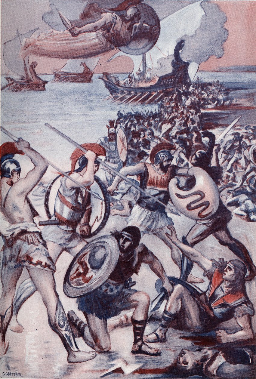 A batalha em torno do corpo de Pátrocles. Ilustração de Clement Gontier (1876-1918) para “A Ilíada” (Omero) de Homero. Paris, Henri Laurens de Clement Gontier