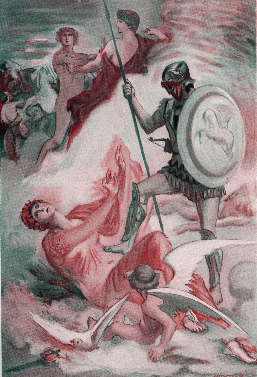 Vénus foi ferido por Diomede ao tentar salvar o seu filho Enee. Ilustração de Clement Gontier (1876-1918) para "A Ilíada" de Homere (Omero). Paris, Henri Laurens de Clement Gontier