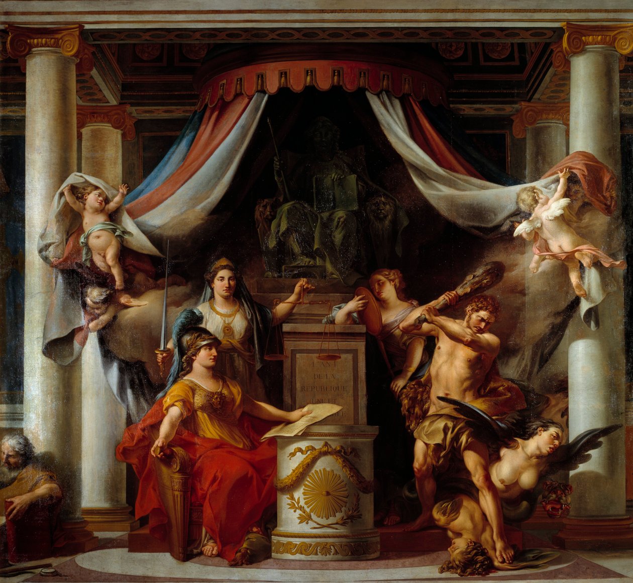 Alegoria da Revolução: no centro Minerva mãos Hércules o engano que suprime os vícios do regime Antigo Pintura por Clemente Belle (1722-1806) 1794 Sol. 3,56x3,86 m de Clement Louis Marie Anne Belle