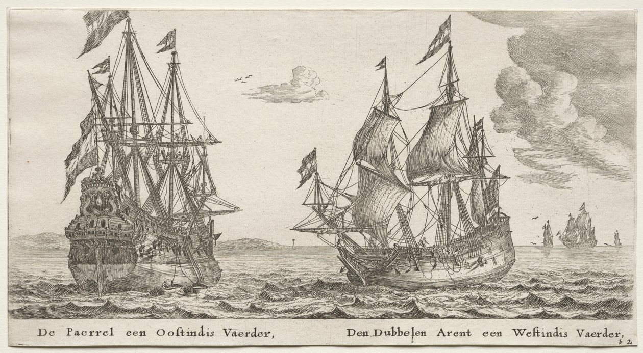 Vários Navios e Vistas de Amsterdã (Verscheÿde Schepen en Gesichten van Amstelredam), Parte II: The Pearl and East Indiaman, The Double Eagle, a West Indiaman de Clement de Jonghe