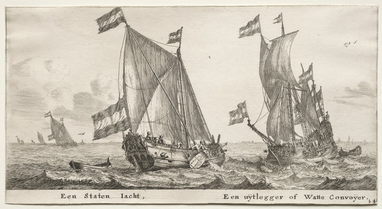 Vários navios e vistas de Amsterdã (Verscheÿde Schepen en Gesichten van Amstelredam), Parte II: Dutch Admiralty Yacht. Um navio de guarda de Clement de Jonghe
