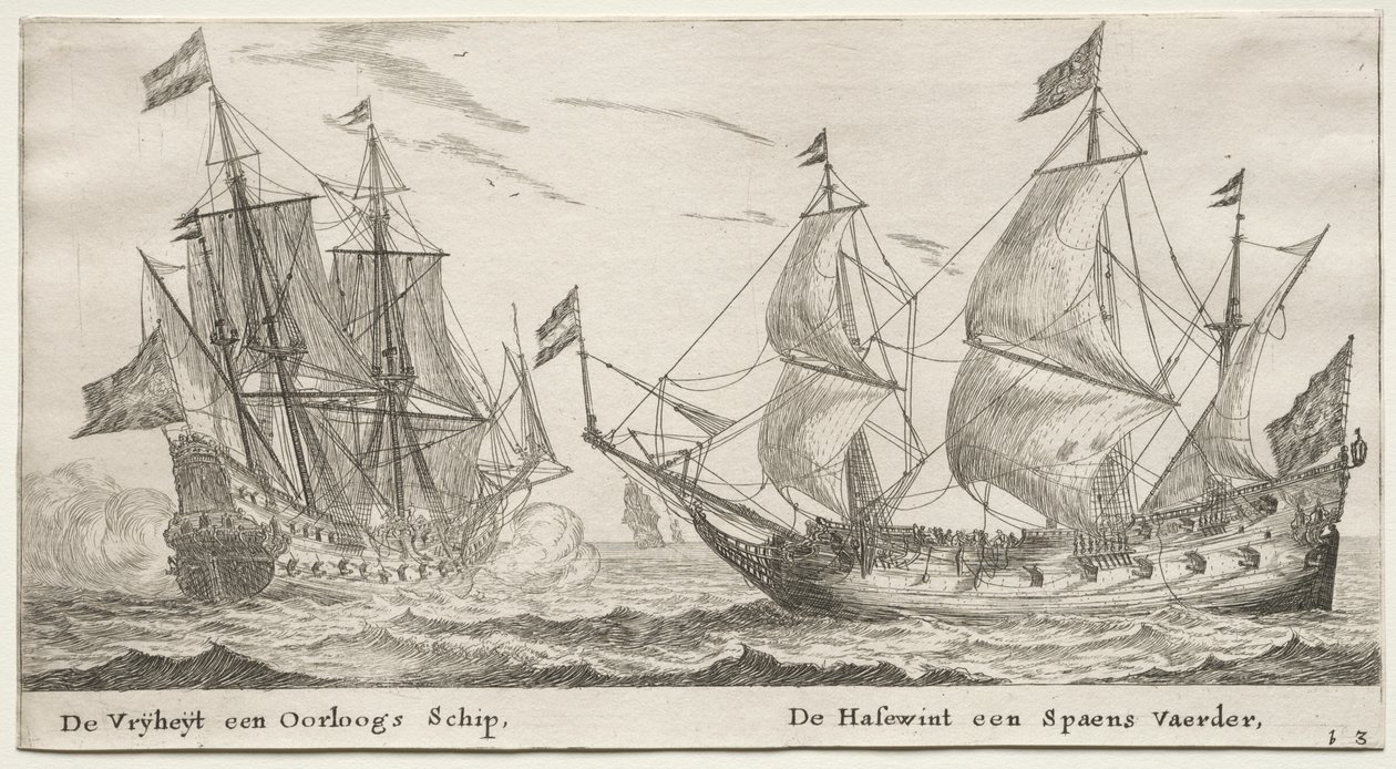 Vários Navios e Vistas de Amsterdã (Verscheÿde Schepen en Gesichten van Amstelredam), Parte II: A Liberdade, um Man-of-War. O Wolf Hound, um navio espanhol de Clement de Jonghe