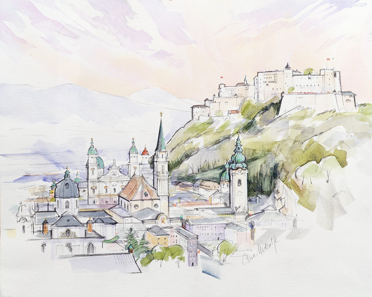 Nascer do sol de Salzburgo (wc no papel) de Clive Metcalfe