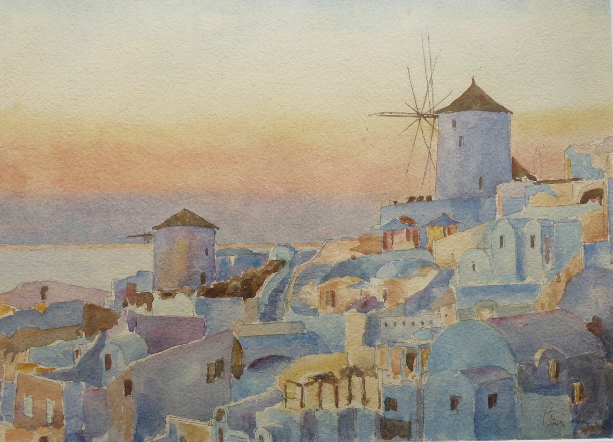 Santorini Oia - Pôr do sol, hora da iluminação, 2019 (aguarela) de Clive Wilson