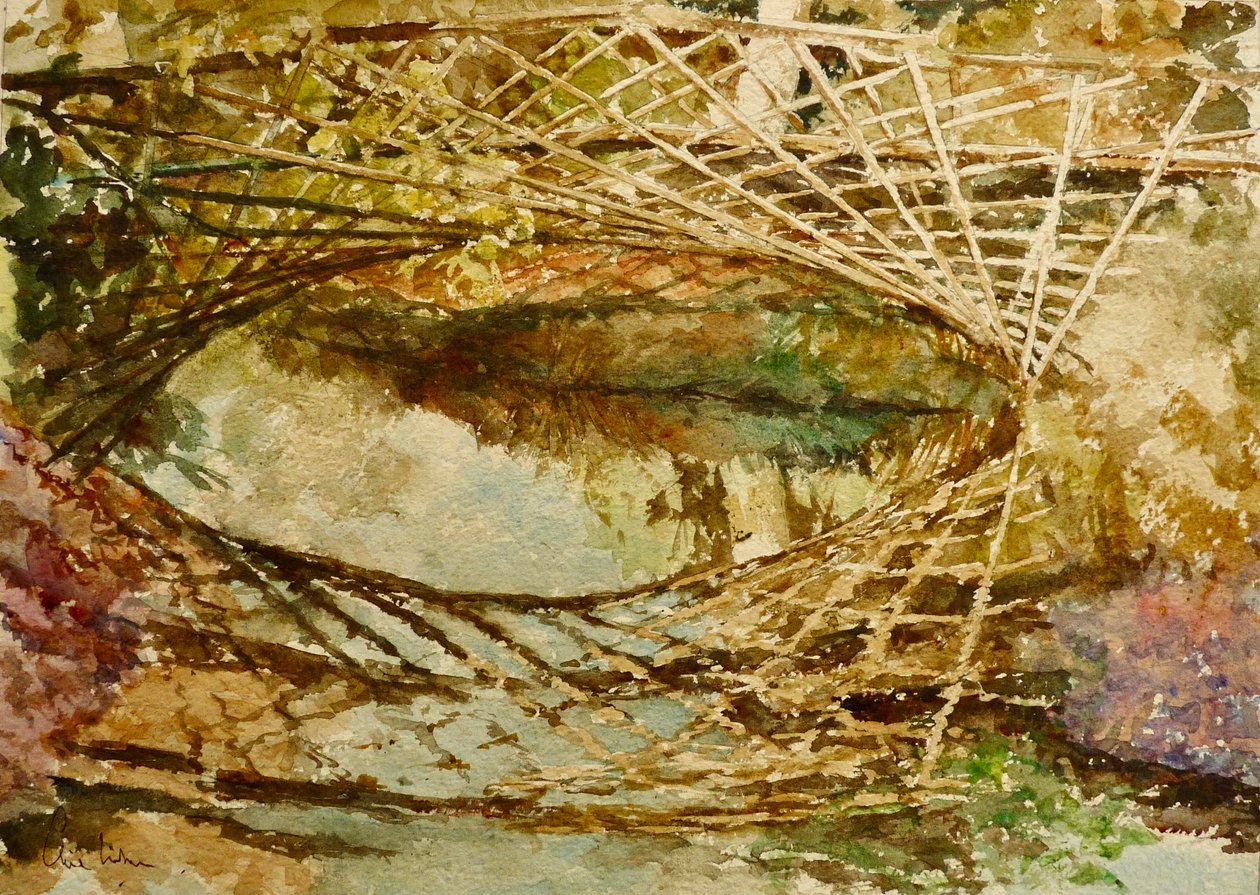 Ponte dos martim-pescadores, cores de outono, 2021 (aguarela) de Clive Wilson