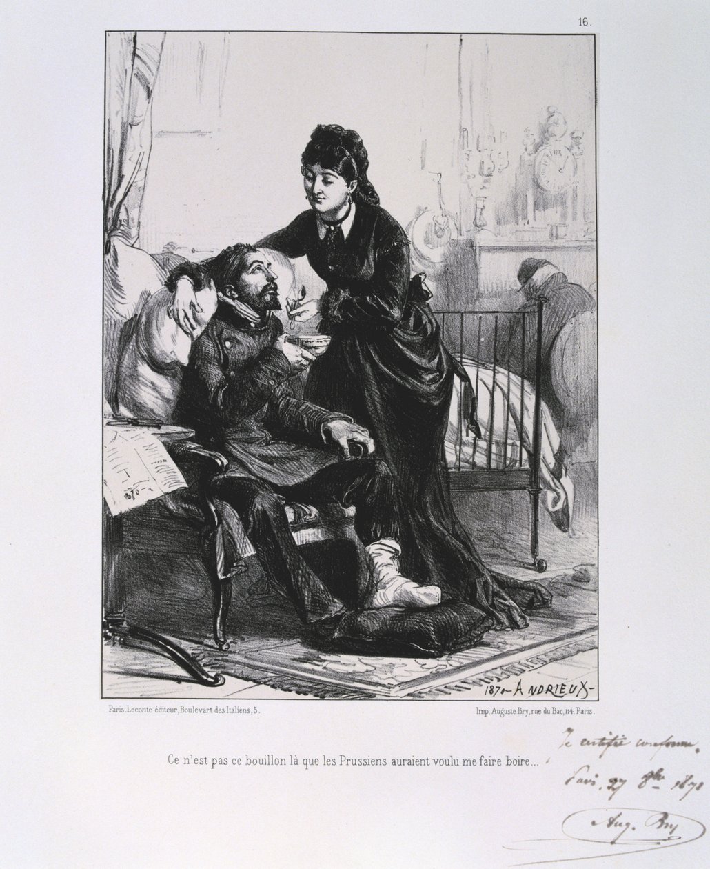 Guerra Franco-Prussiana 1870-1871: Um soldado ferido a ser amamentado e alimentado. De uma série de litografias de Clemente August Andrieux sobre os Gardes Nationales. de Clément Auguste Andrieux
