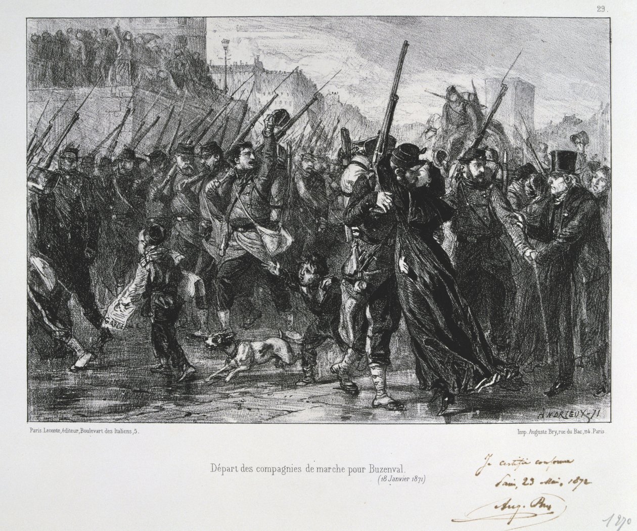 Guerra Franco-Prussiana 1870-1871: Batalha de Buzenval (Monte Valerien) perto de Versalhes, 19 de Janeiro de 1871. Garde National marchando para a batalha e derrota. De uma série de litografias de Clemente August Andrieux sobre os Gardes Nationales. de Clément Auguste Andrieux