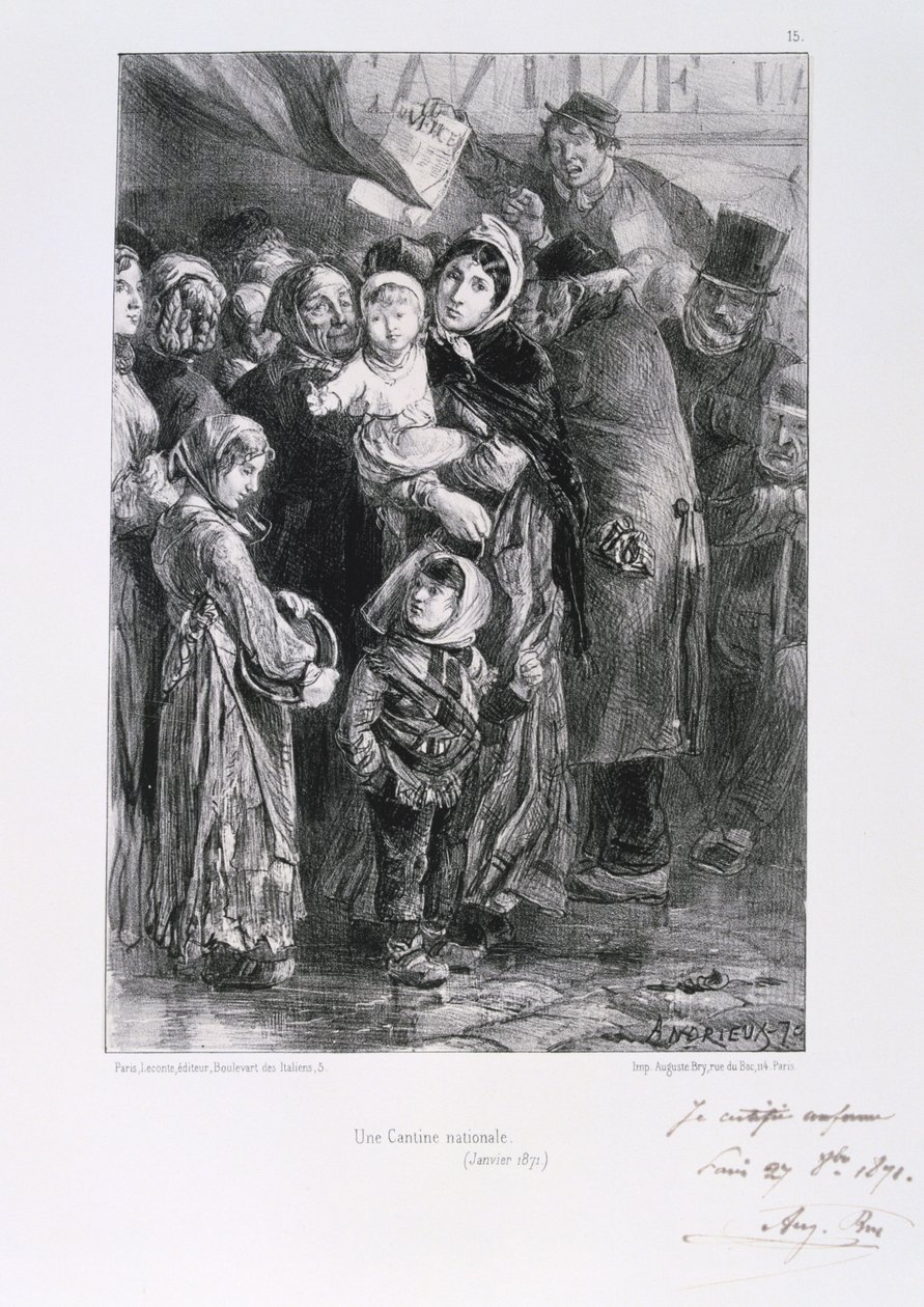 Guerra Franco-Prussiana 1870-1871. Cerco de Paris 19 de Setembro de 1870-28 de Janeiro de 1871. Uma sopa dos pobres em Paris, Janeiro de 1871. De uma série de litografias de Clemente August Andrieux sobre os Gardes Nationales. A fome alimentar de Clément Auguste Andrieux