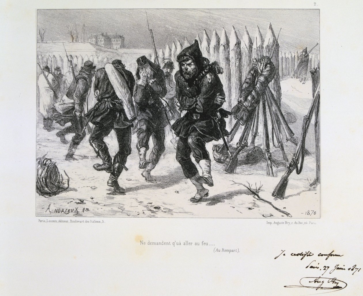 Guerra Franco-Prussiana 1870-1871. Cerco de Paris 19 de Setembro de 1870-28 de Janeiro de 1871. Soldados nas muralhas a saltar para se manterem quentes. De uma série de litografias de Clemente August Andrieux sobre os Gardes Nationales. de Clément Auguste Andrieux